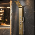 Bathroom shower panel with LED display, close-up showing temperature screen on gold stainless steel body