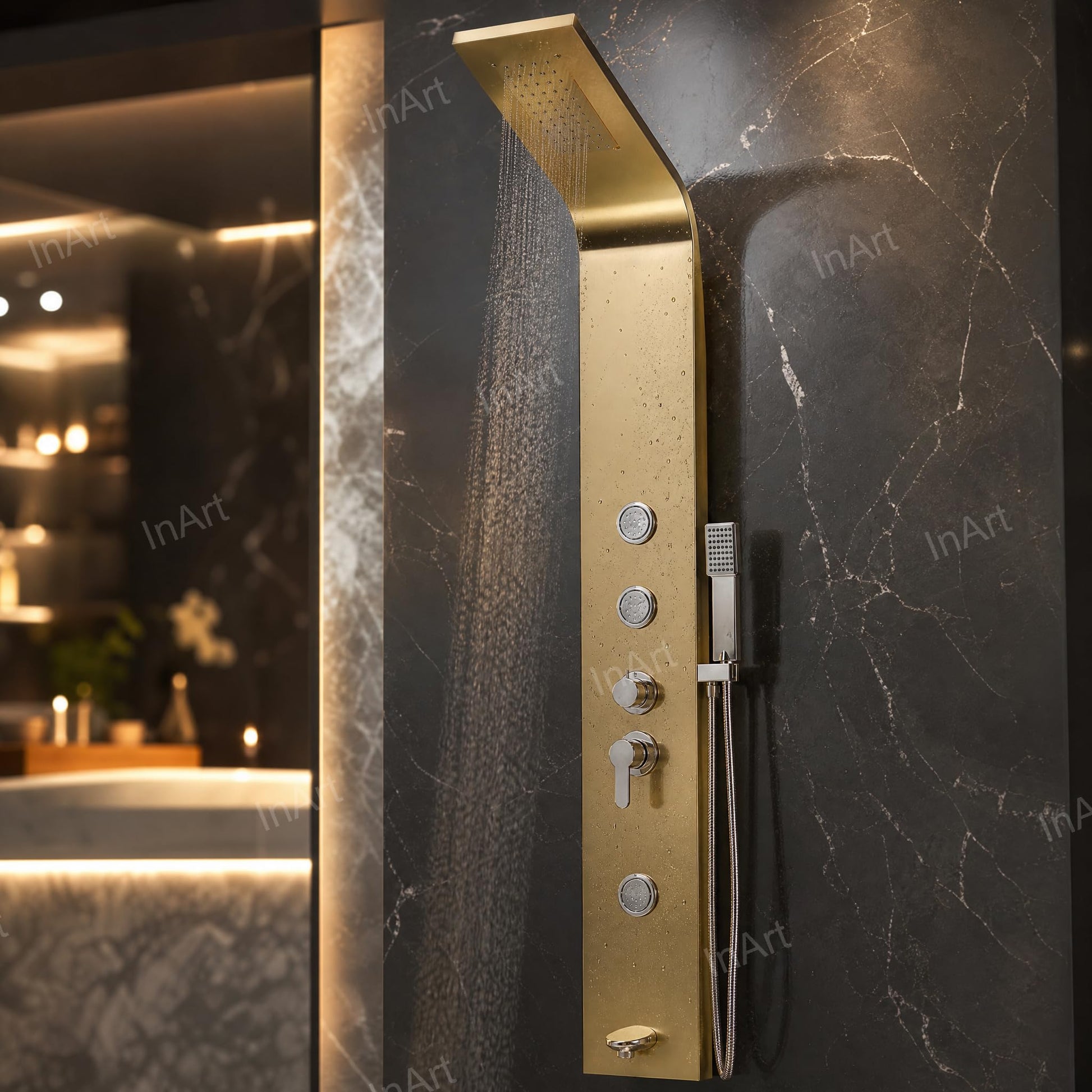 Bathroom shower panel with LED display, close-up showing temperature screen on gold stainless steel body