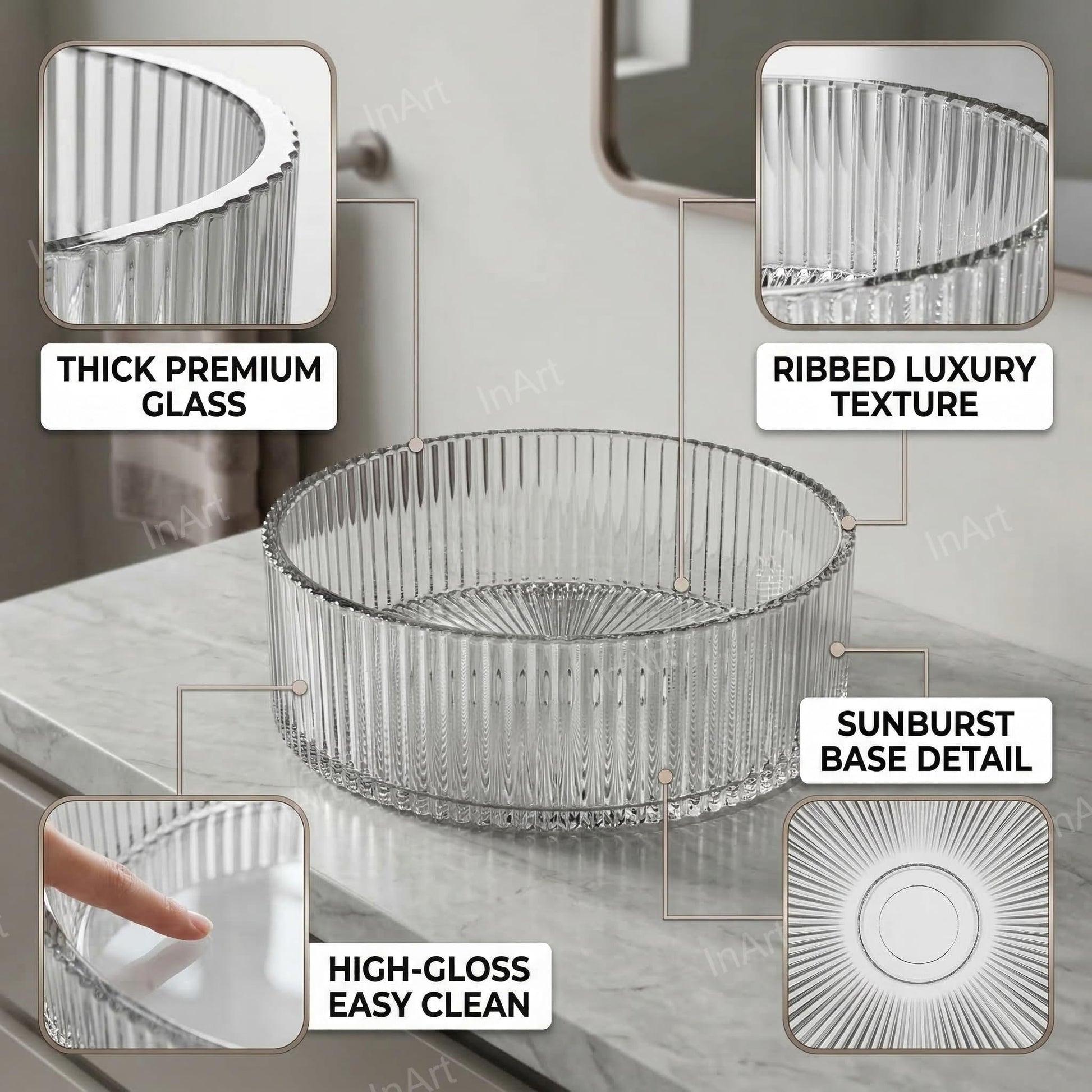Modern glass wash basin design for bathroom, clear round glass table top wash basin, side angle