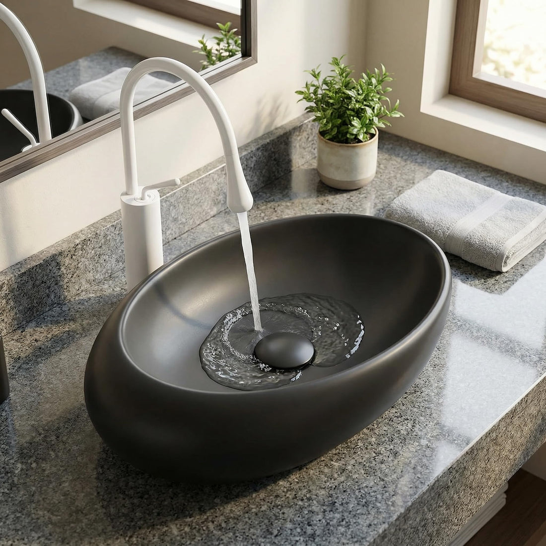 InArt ceramic rectangular table top wash basin price in India, matte black counter top basin front view