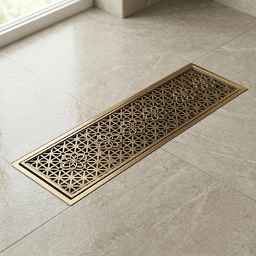 cockroach jali 4 inch InArt antique brass square floor drain jali with anti-foul trap, top view