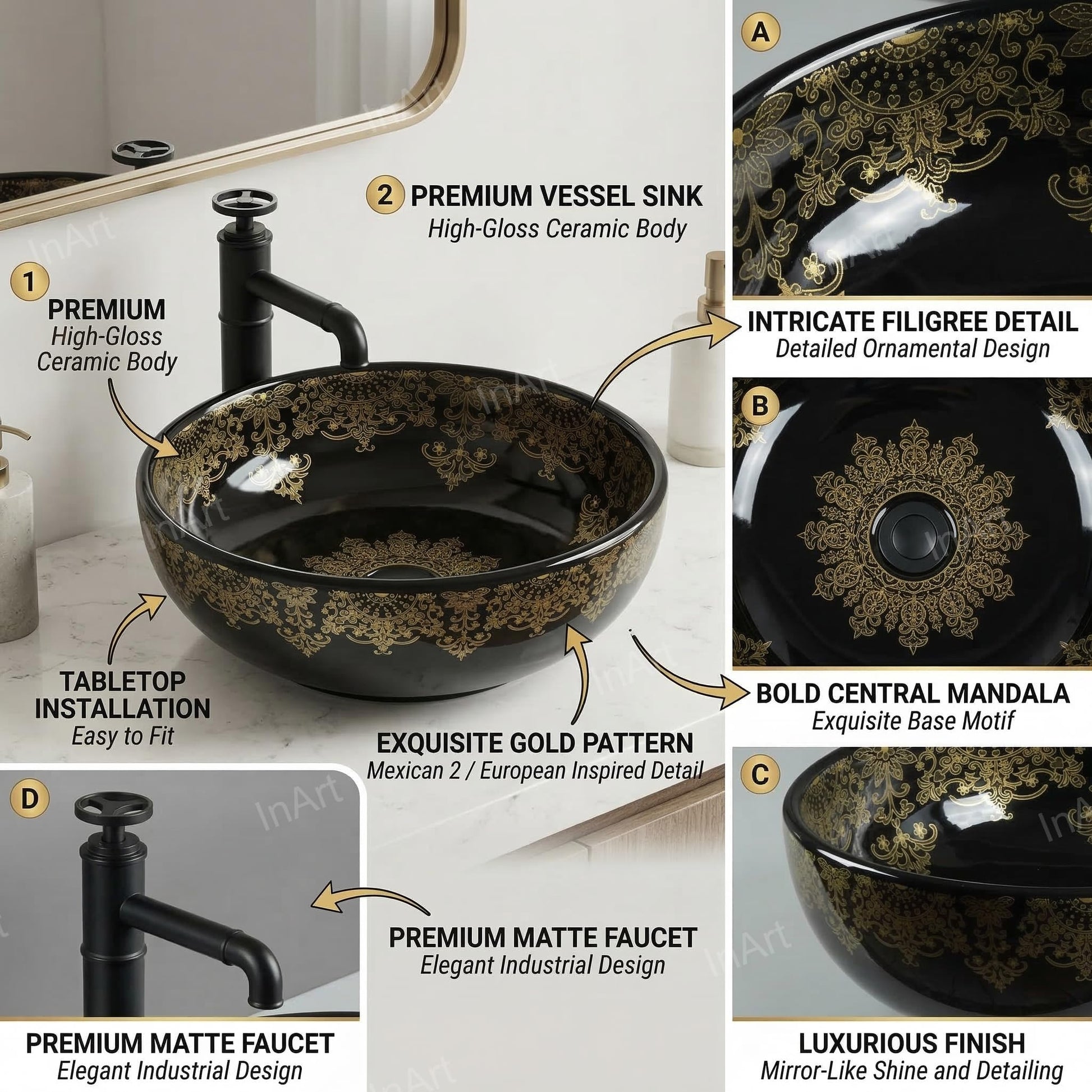 InArt black table top wash basin, round ceramic basin table top design, side angle for bathroom