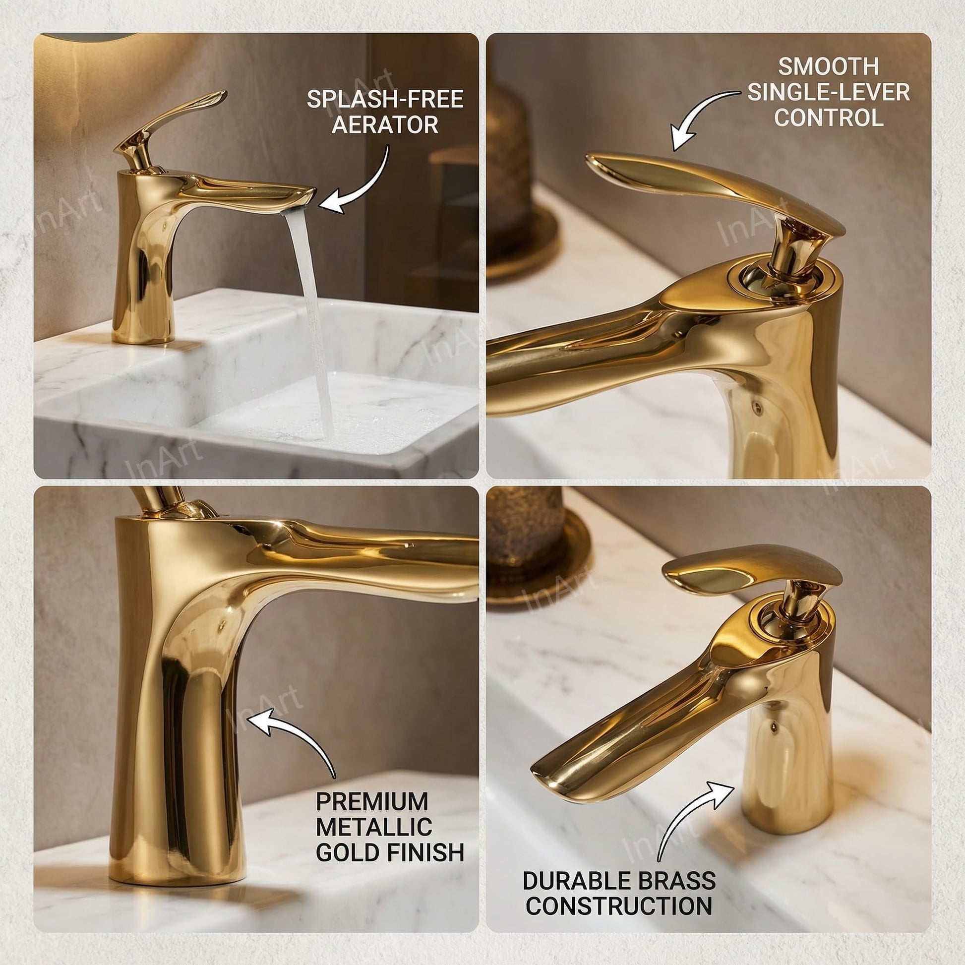 Sink basin tap in gold brass, side angle showing single lever handle and spout design