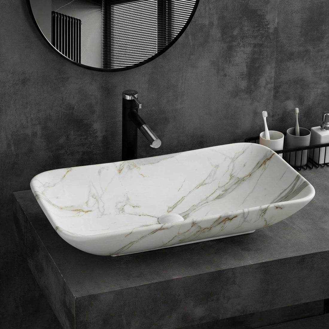 InArt ceramic table top wash basin, rectangular glossy white marble look, main front view
