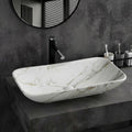 InArt ceramic table top wash basin, rectangular glossy white marble look, main front view