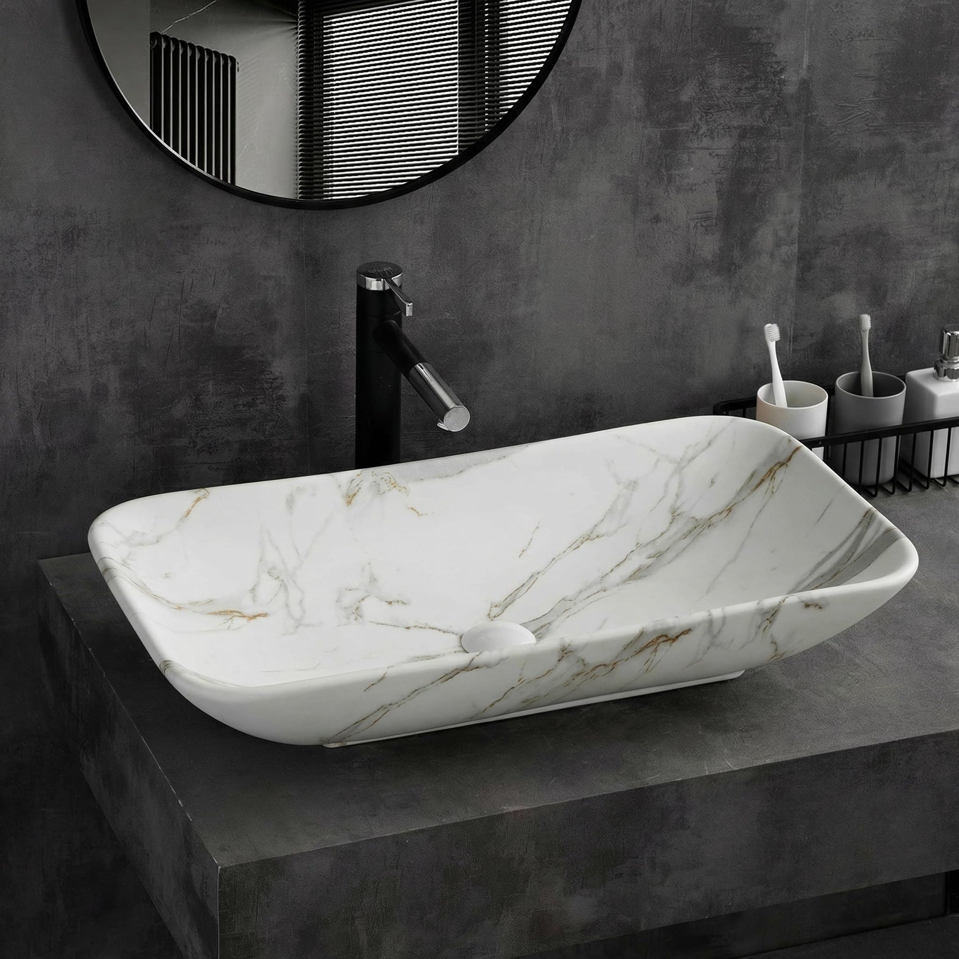 InArt ceramic table top wash basin, rectangular glossy white marble look, main front view