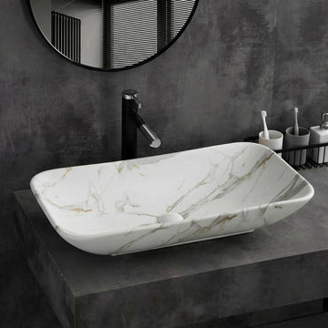 InArt ceramic table top wash basin, rectangular glossy white marble look, main front view