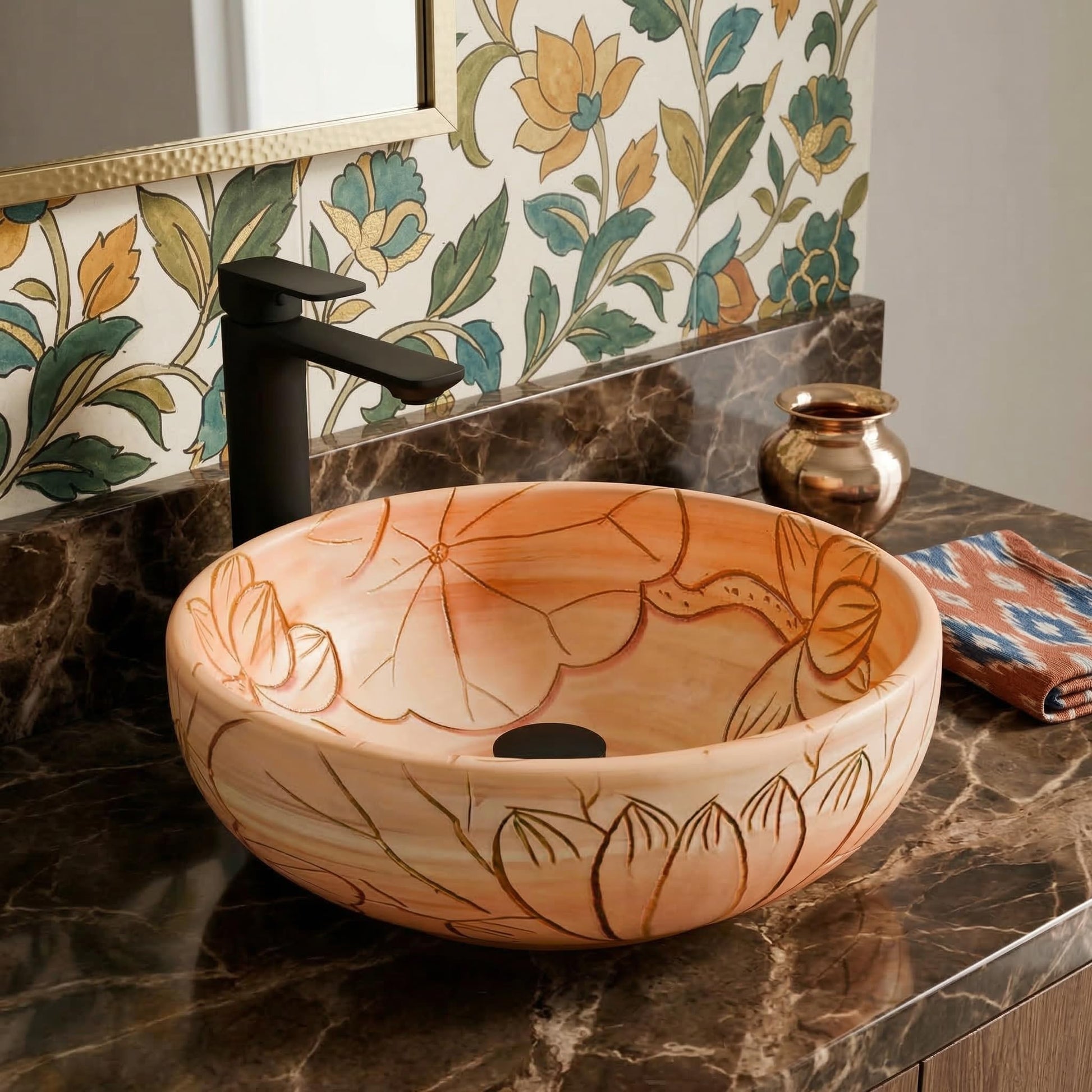 Bathroom wash basin for vanity top in peach beige colour, modern countertop style