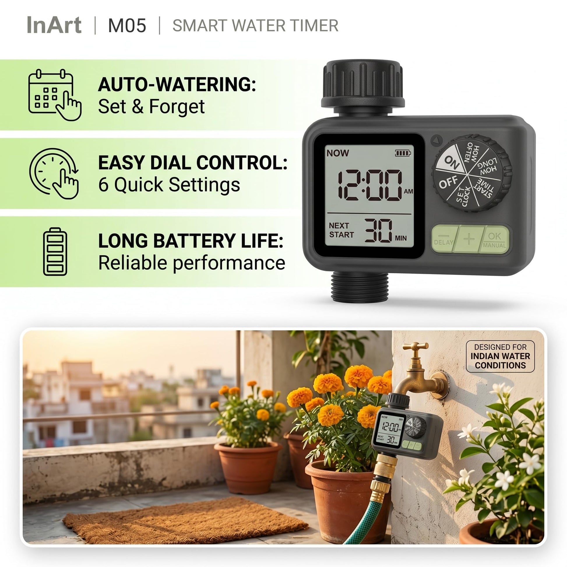 Black ABS irrigation timer showing button controls and LCD screen