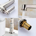 Single lever basin mixer for hot and cold water, ceramic disc cartridge, premium washroom fitting close-up