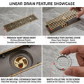 Modern bathroom floor drain jali design in brass with cockroach trap, side angle bronze finish