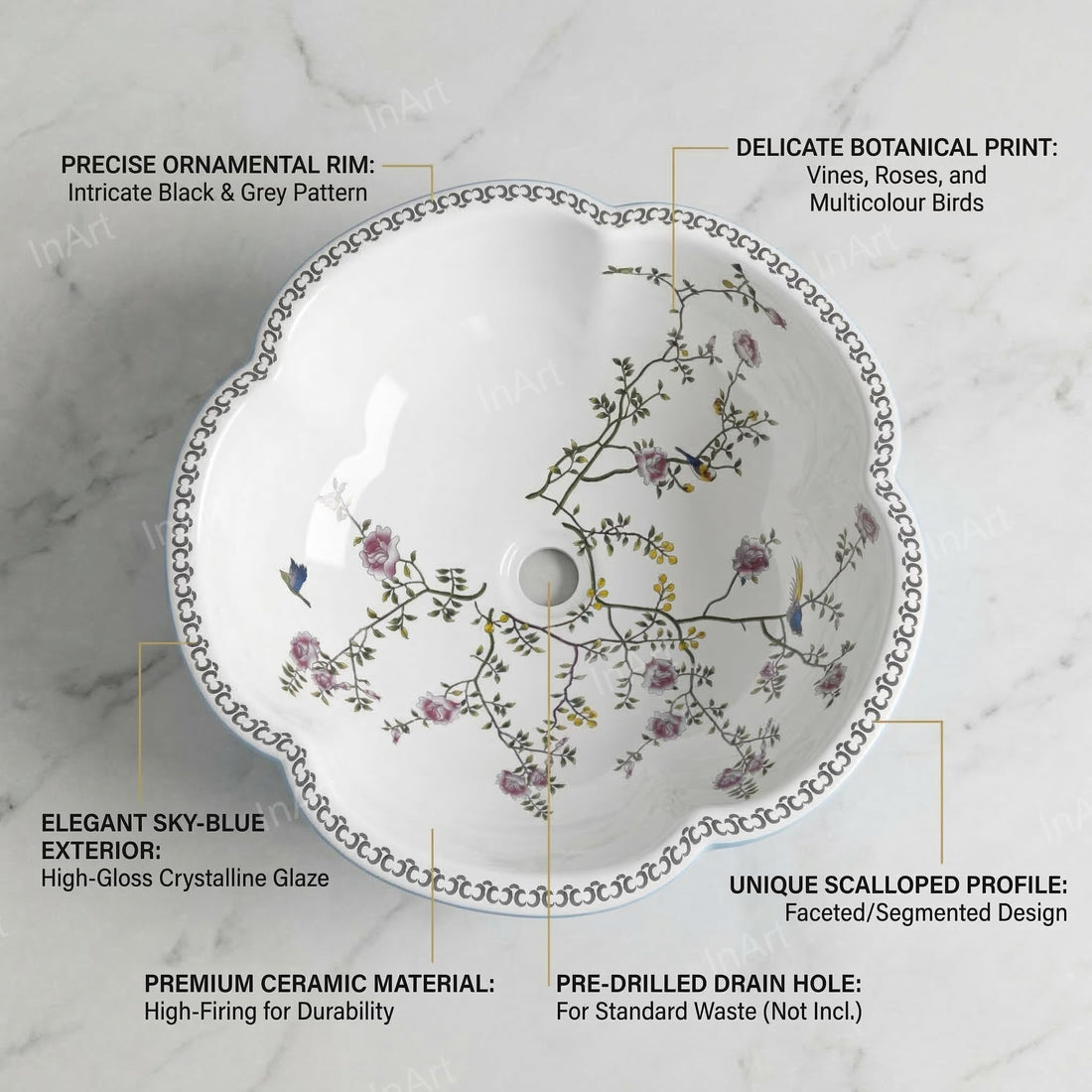 Wash basin price in India: InArt blue glossy ceramic round table top wash basin, main front view