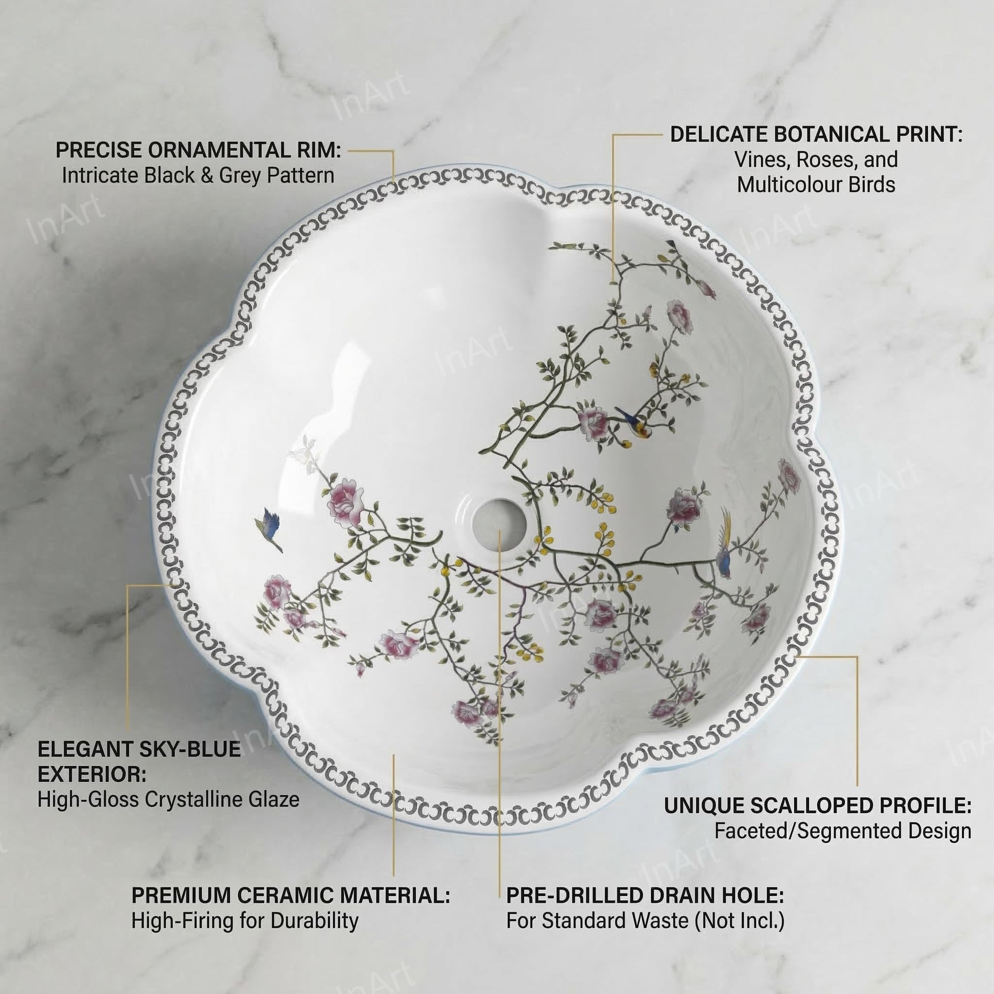 InArt designer ceramic wash basin in elegant blue glaze, round table top basin angled side view