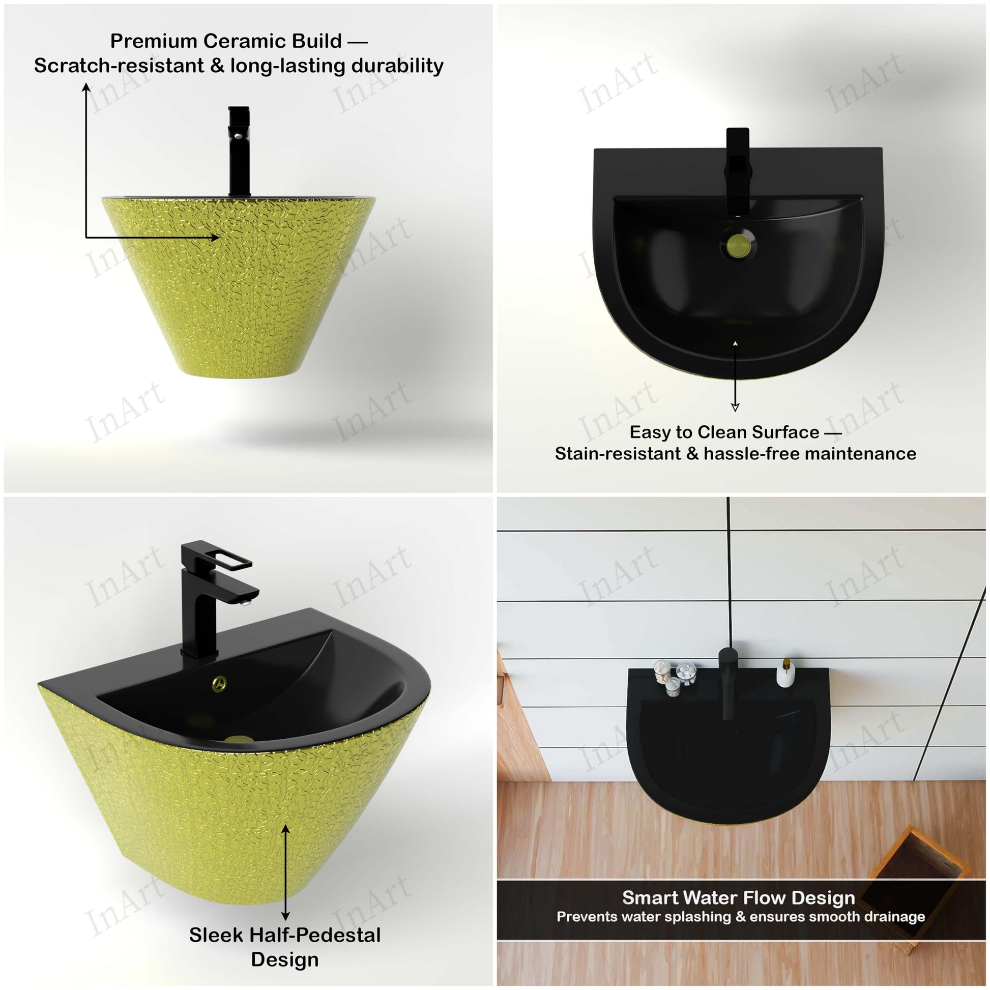 Small wall mount sink for small bathrooms, black and gold ceramic wall mounted wash basin with half pedestal