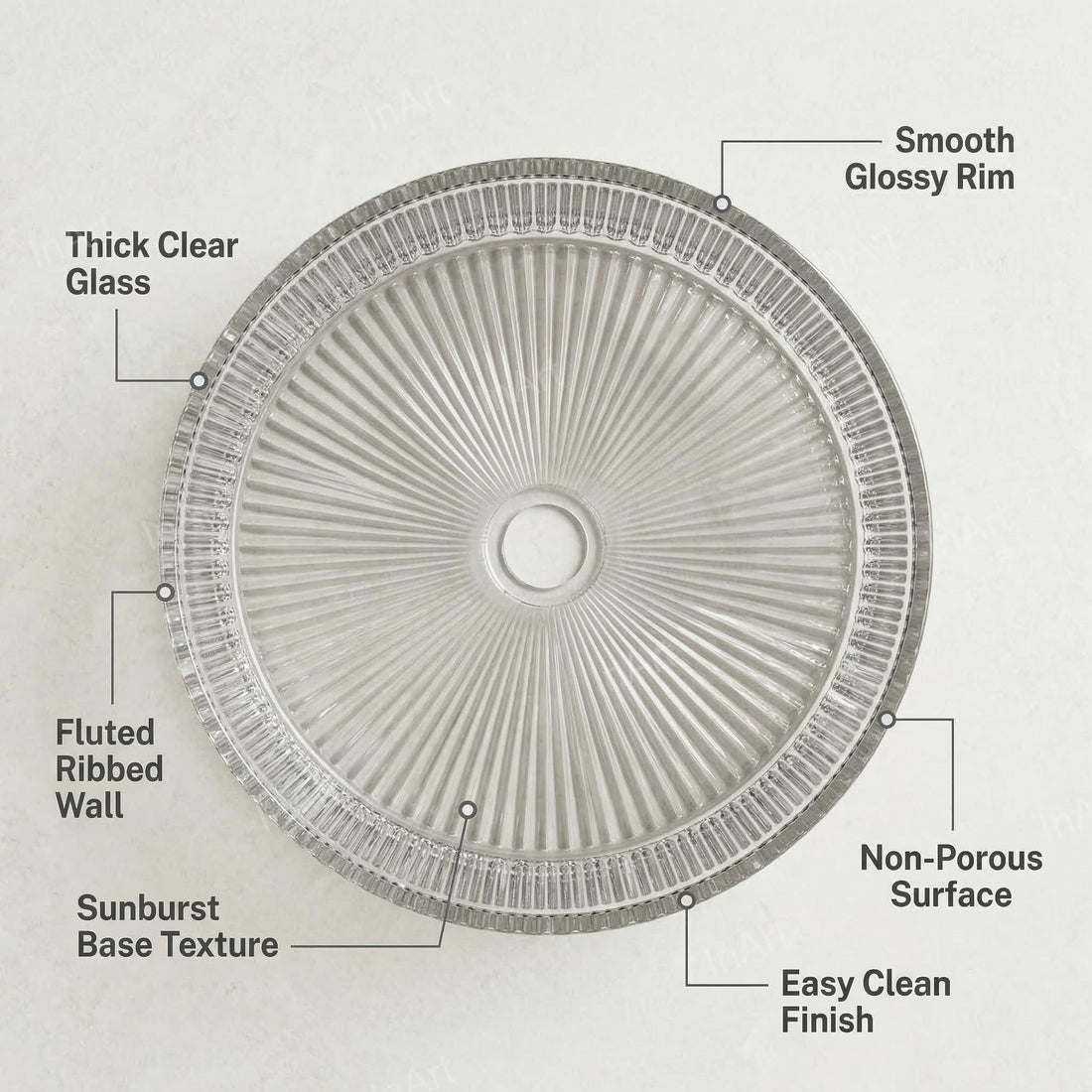 InArt glass design wash basin, round transparent clear tabletop basin for modern bathroom, front view