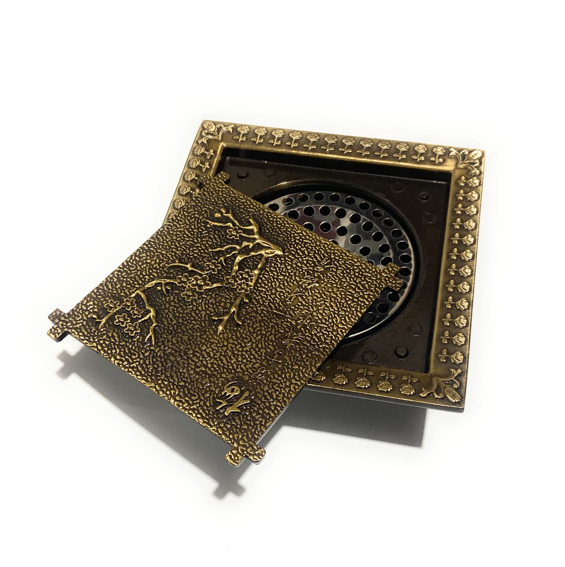 Square brass floor drain jali with anti-foul cockroach trap, side angle showing 4 inch pipe fit and easy-clean design