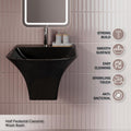 Semi pedestal wash basin in polished black finish, slim rim ceramic basin with half pedestal, close-up
