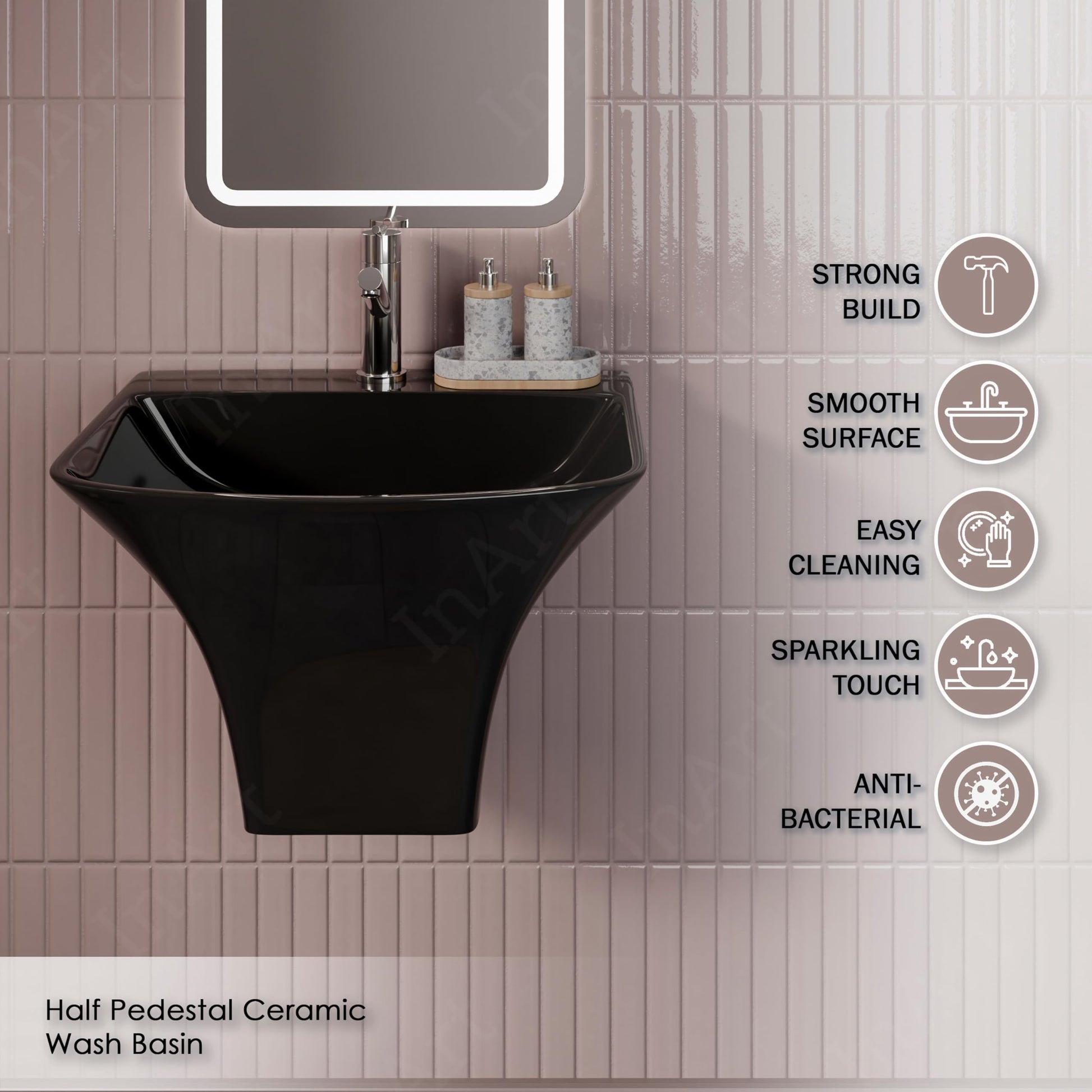 Semi pedestal wash basin in polished black finish, slim rim ceramic basin with half pedestal, close-up