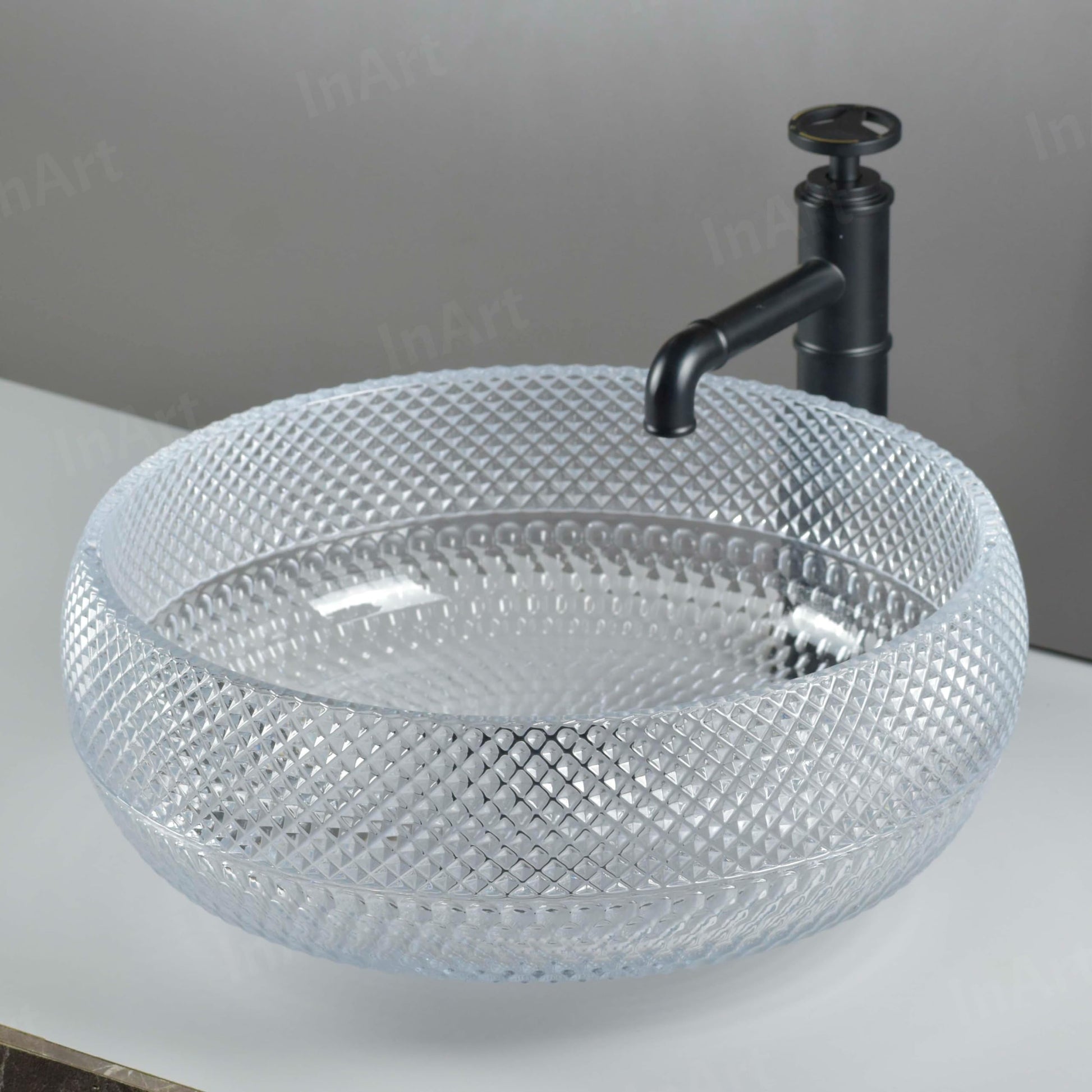 InArt wash basin waste coupling ready square clear glass table top wash basin, luxury green tint, front view