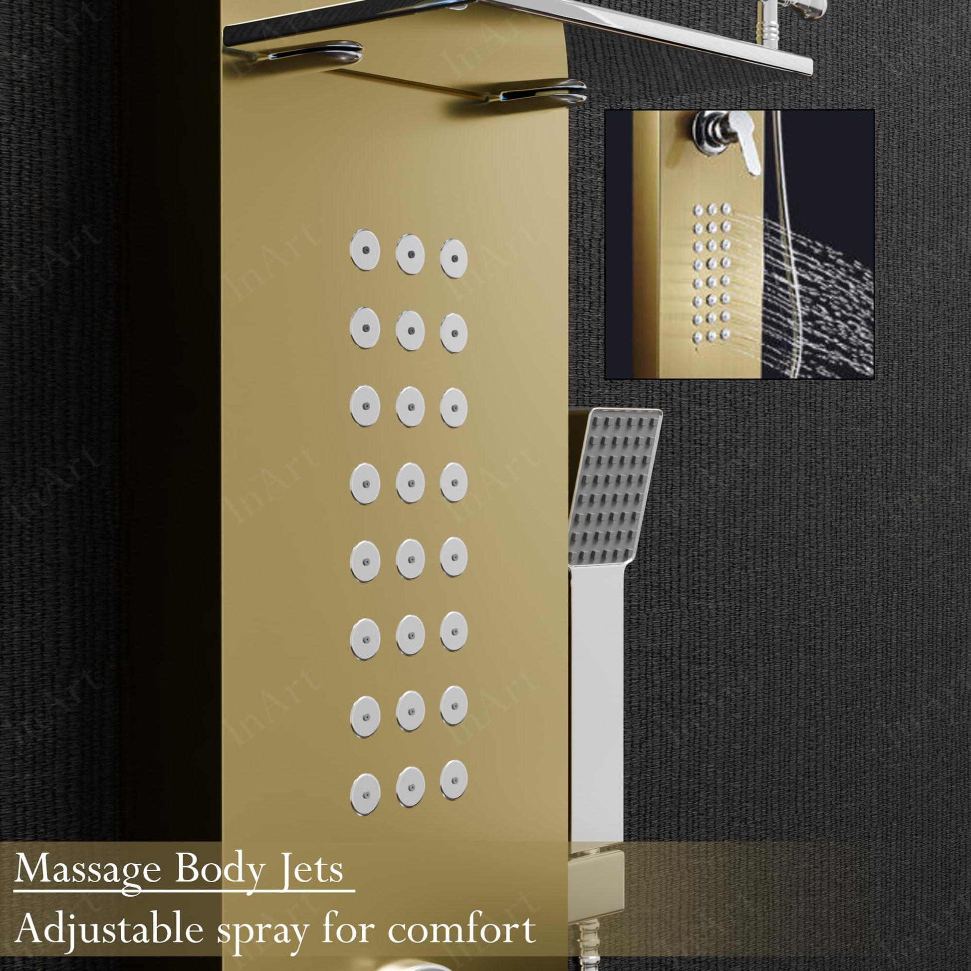 InArt shower panel tower system for bathroom, gold 304 stainless steel with control knobs and diverter close-up