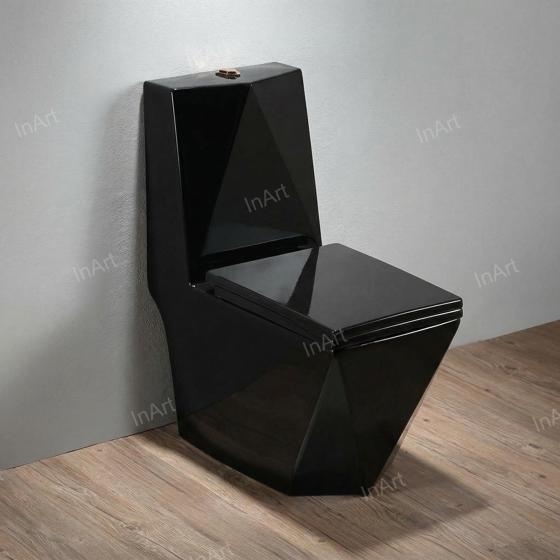 InArt ceramic one piece water closet, floor mounted S trap outlet from floor, glossy black finish detail
