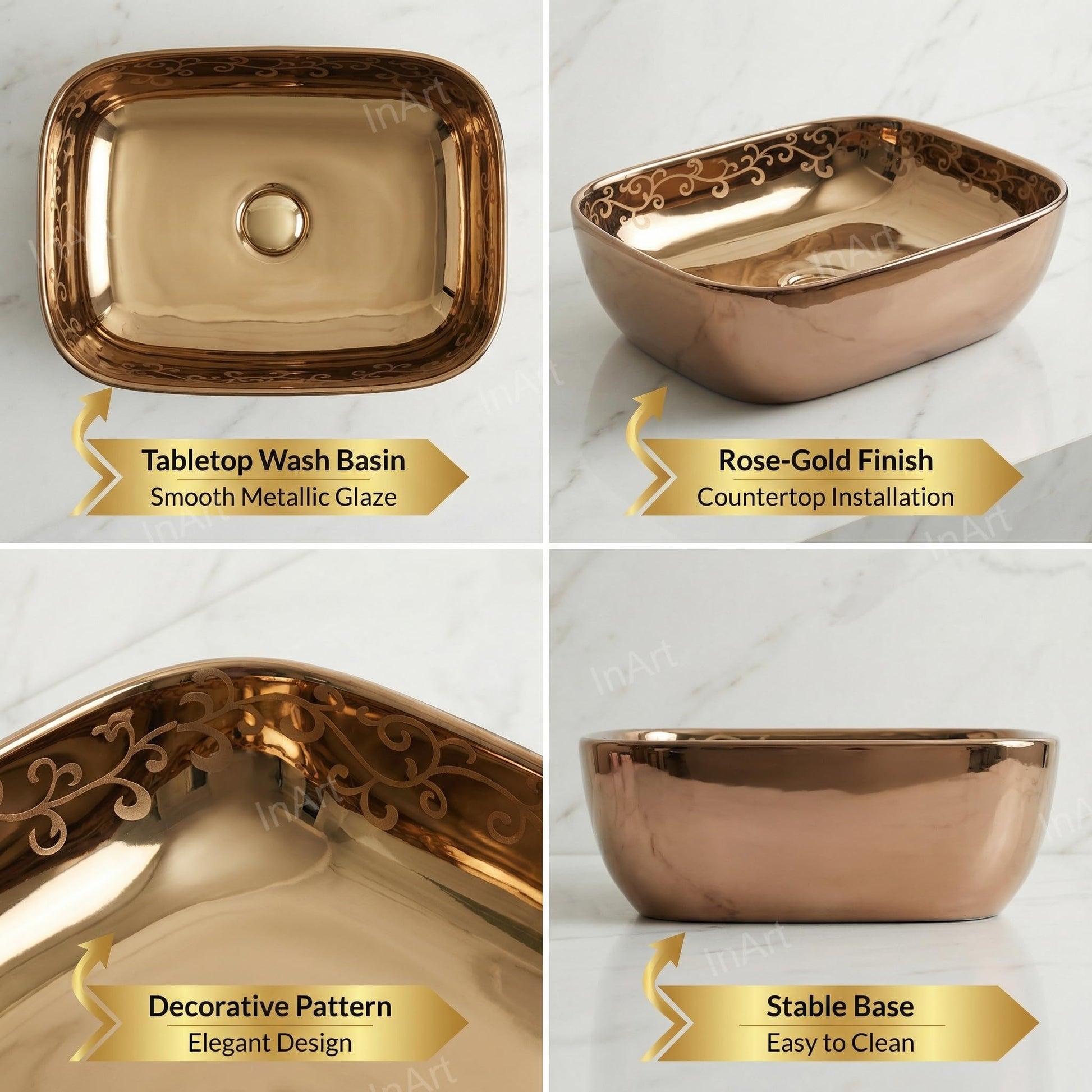 InArt modern table top wash basin design, rectangular ceramic top counter wash basin in rose gold, 3/4 view