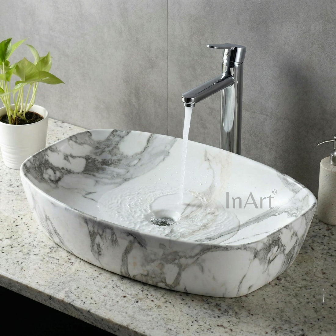 InArt ceramic table top wash basin design, rectangular matt white grey marble look counter basin