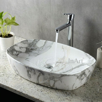 InArt ceramic table top wash basin design, rectangular matt white grey marble look counter basin