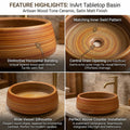 Modern table top wash basin design, square ceramic wooden colour finish, side angle on vanity top