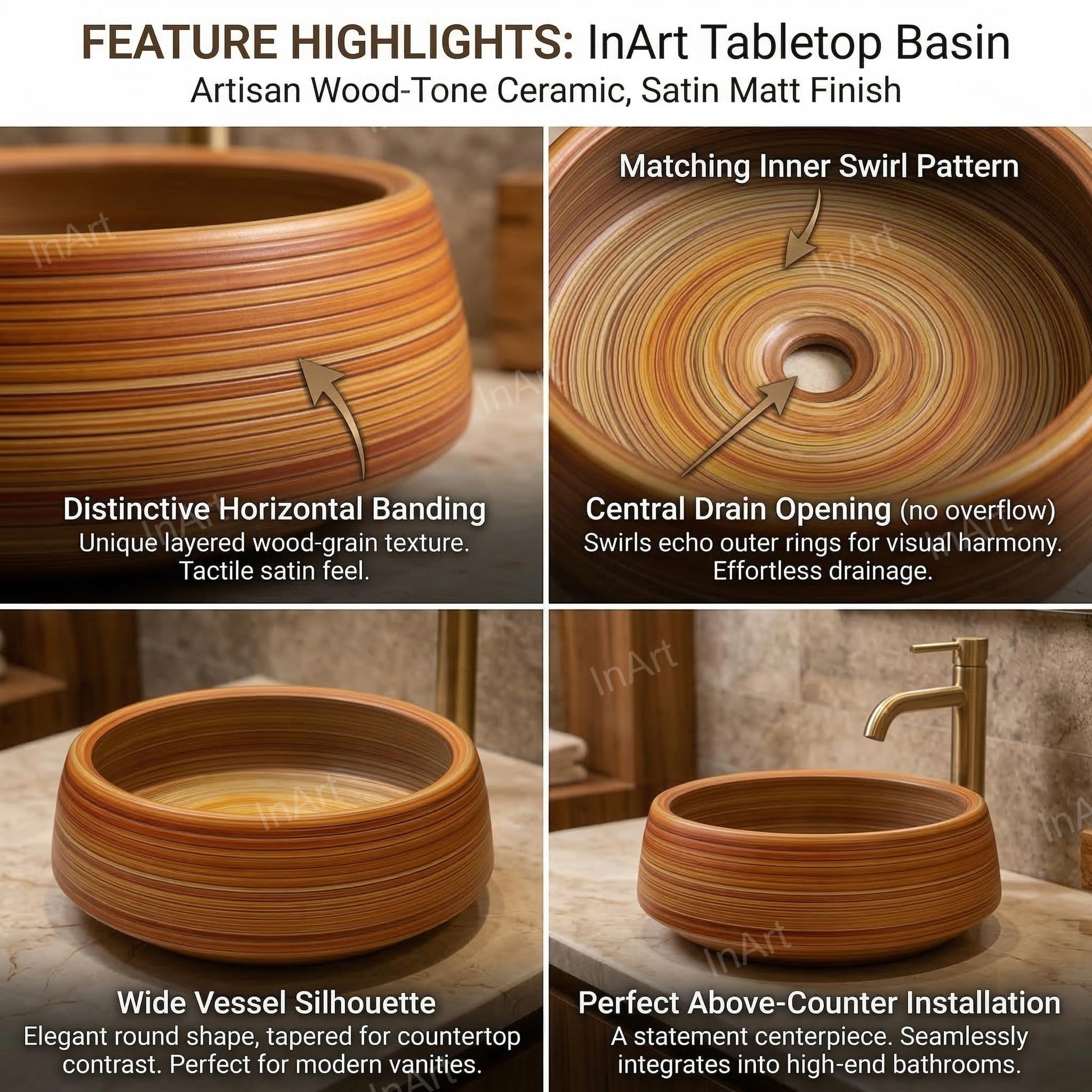 Modern table top wash basin design, square ceramic wooden colour finish, side angle on vanity top