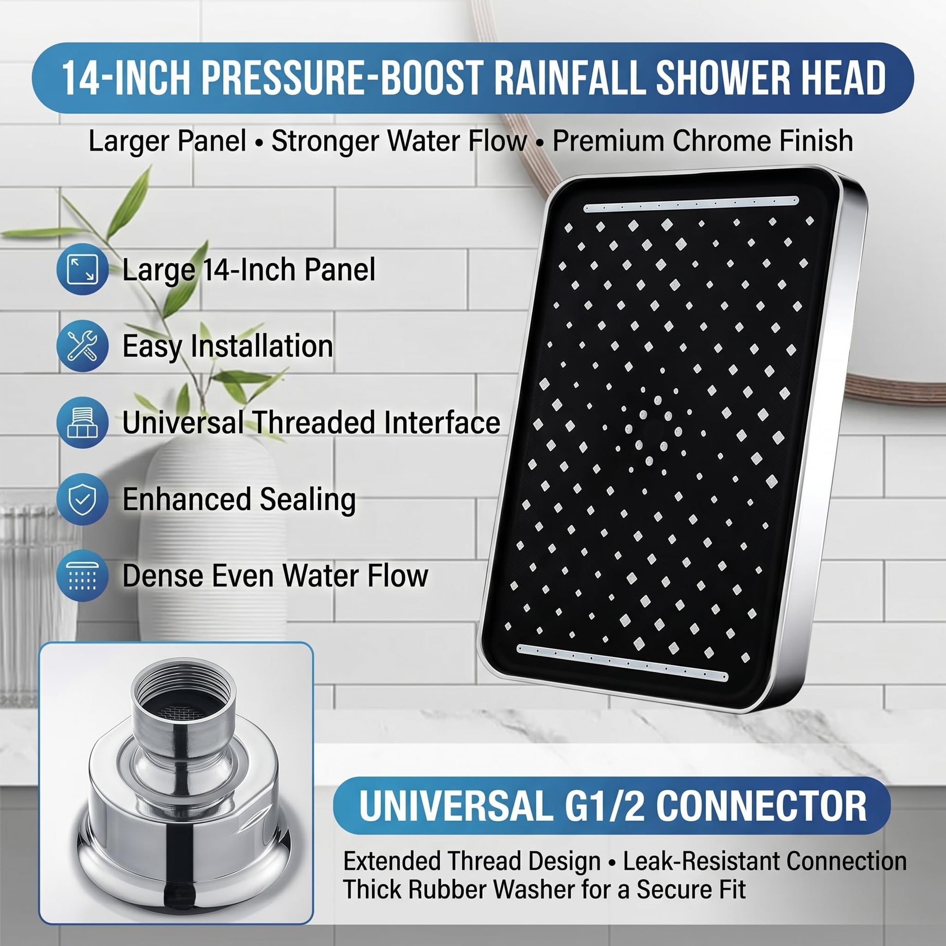 Rectangular overhead shower head dimensions view 296 x 196 x 20 mm
