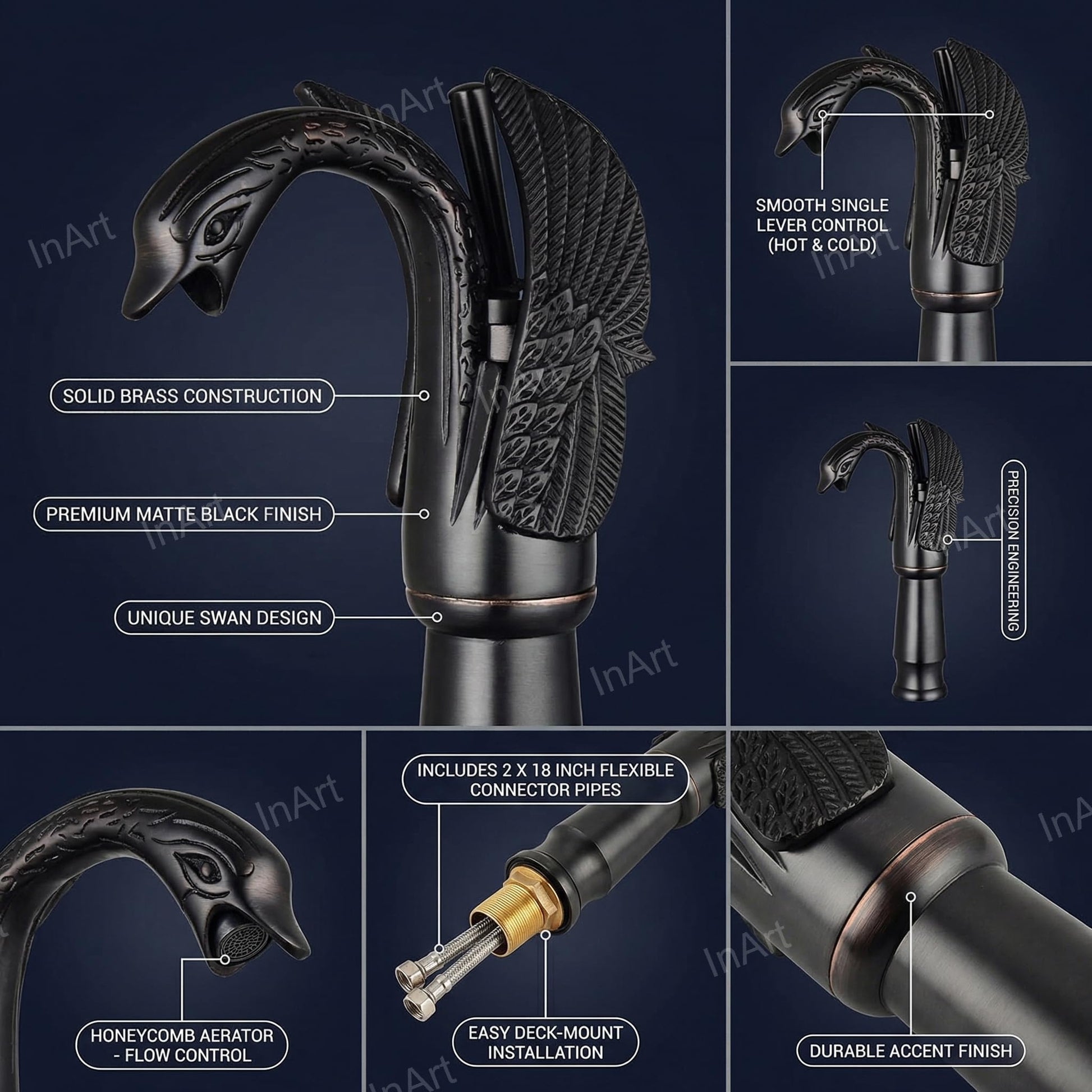 Designer basin tap matte black, hot and cold basin mixer tap shown at 3/4 angle for washroom basin