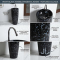 Modern designer pedestal wash basin with black marble glaze, round ceramic basin, side angle