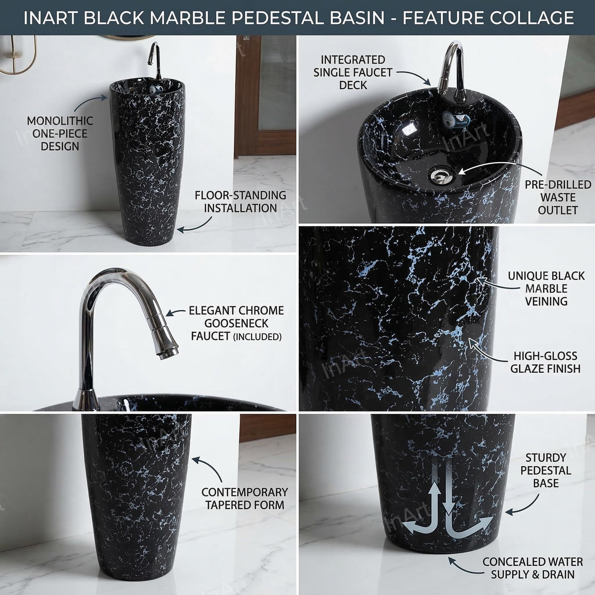 Modern designer pedestal wash basin with black marble glaze, round ceramic basin, side angle