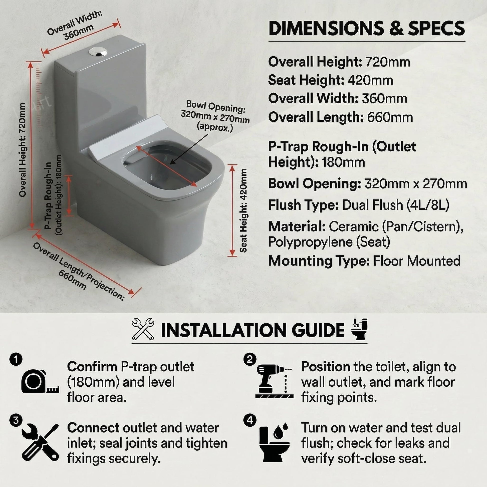 Washdown western toilet commode in glossy grey ceramic, close-up of rim and bowl for easy cleaning