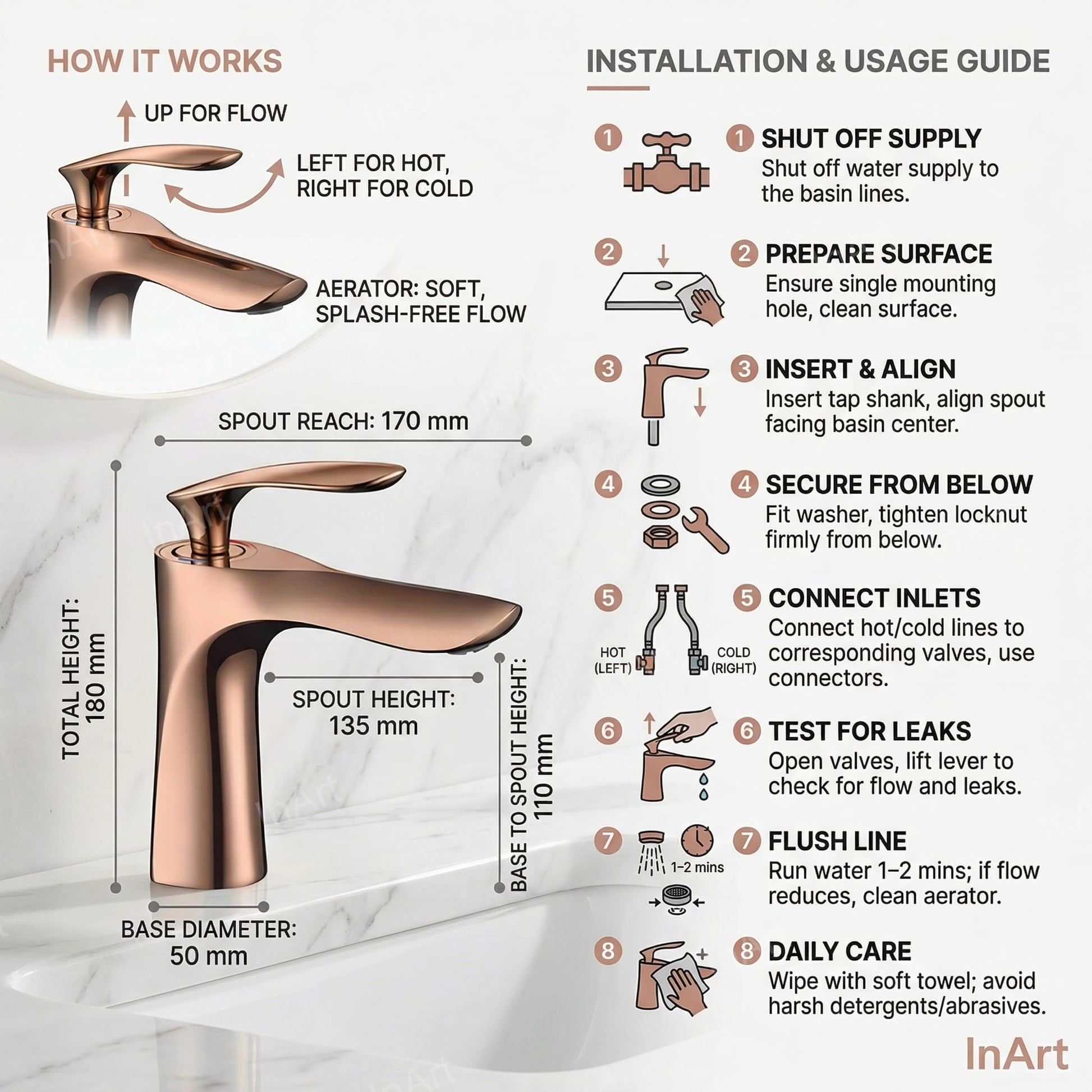 InArt rose gold basin mixer tap installed on wash basin, modern bathroom interior look