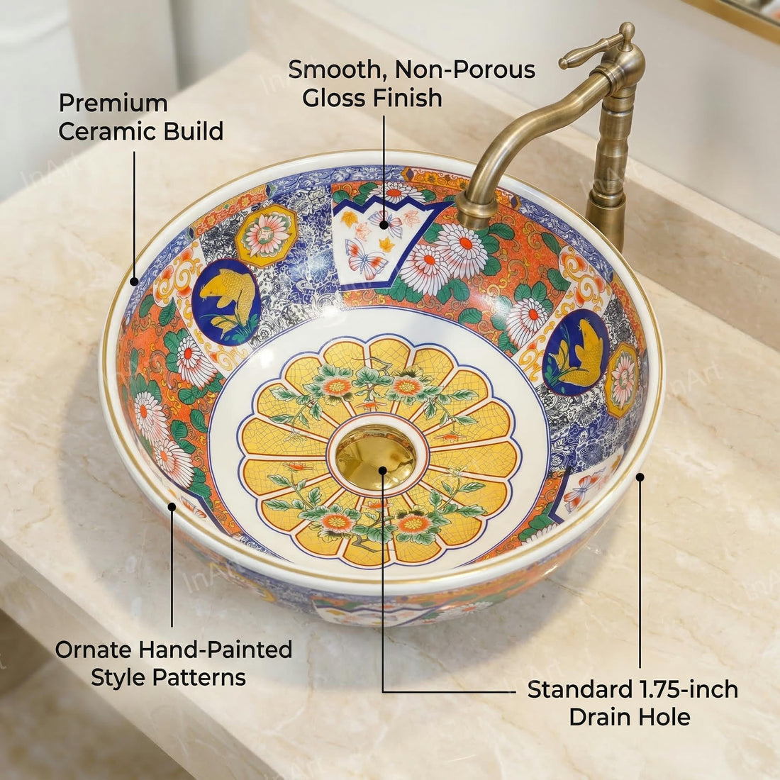 InArt table top wash basin design, glossy ceramic square Mexican pattern, multi colour 42x42 cm
