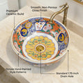 Designer wash basin table top in multi colour glossy ceramic, square basin angled view for bathroom