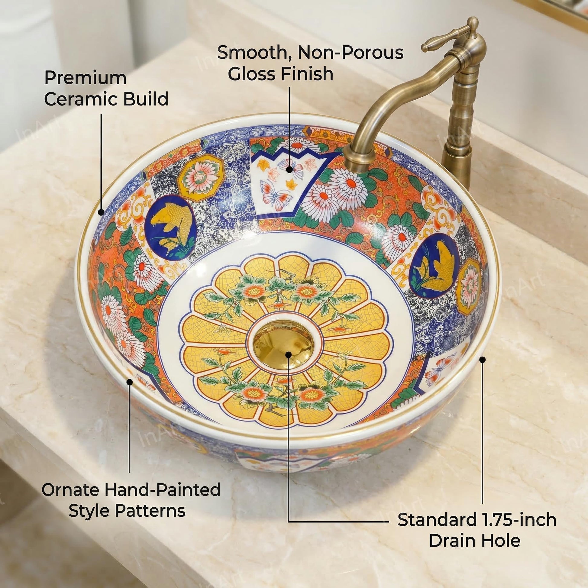Designer wash basin table top in multi colour glossy ceramic, square basin angled view for bathroom