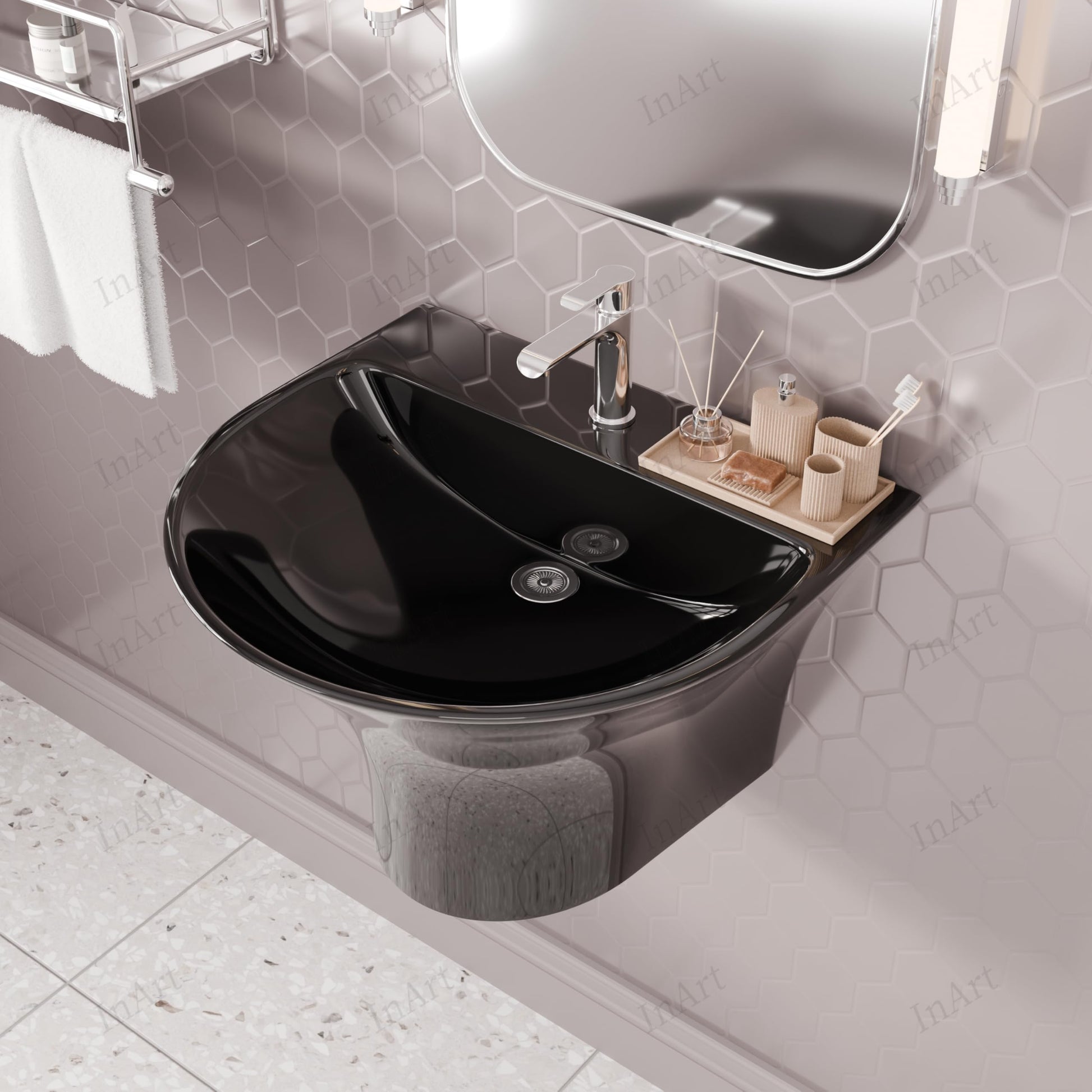 Top view of oval glossy black wash basin with spacious bowl