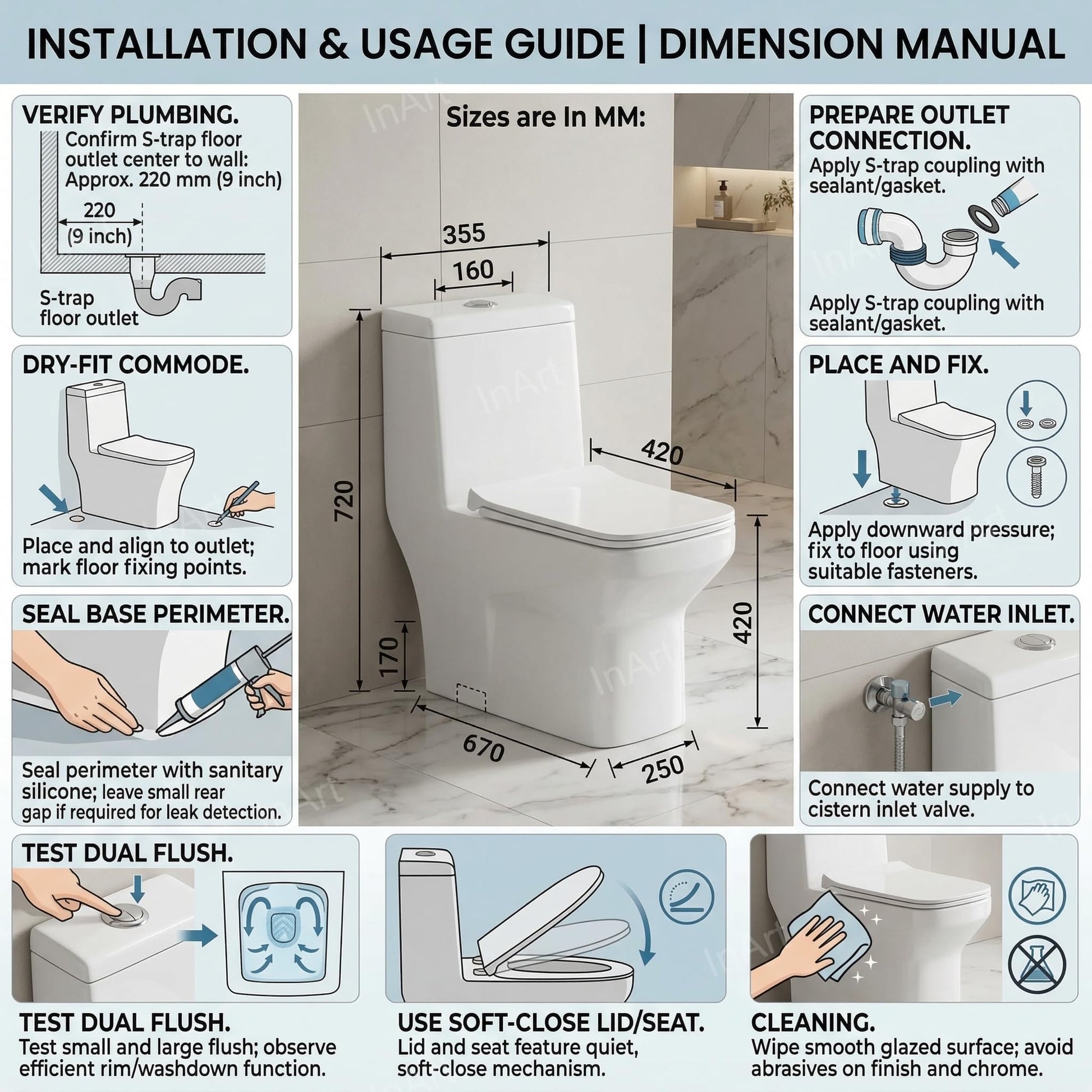 InArt western commode single piece with concealed trapway, compact floor mounted design for Indian washroom