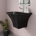 Wall hung wash basin with half pedestal in glossy black, rectangular ceramic basin for compact washroom
