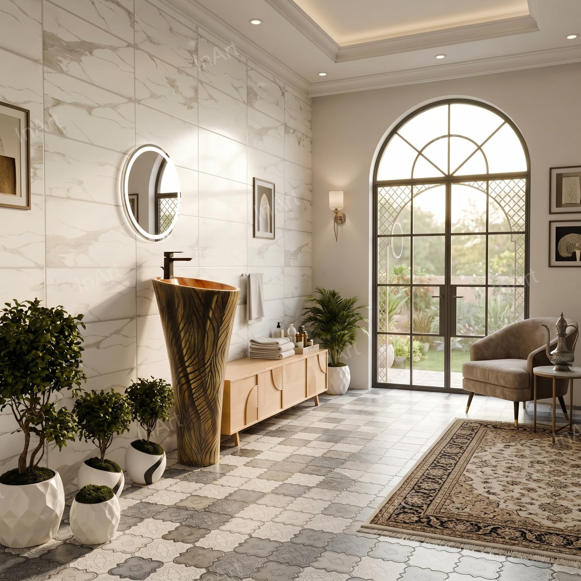 Wash basin for living room, InArt free standing ceramic oval pedestal basin with wood look finish