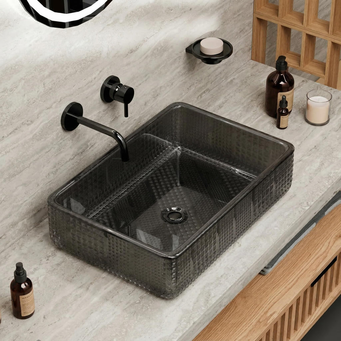 InArt black table top wash basin, rectangular glass over counter sink, front view