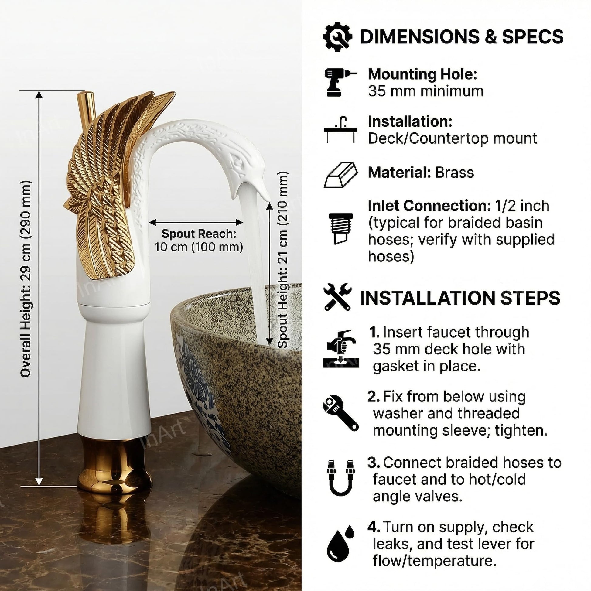 Wash basin nal design in swan shape, brass deck mounted basin taps for Indian bathroom, white gold look