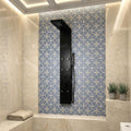 InArt matte black shower column close-up of hot and cold mixer knob and diverter controls