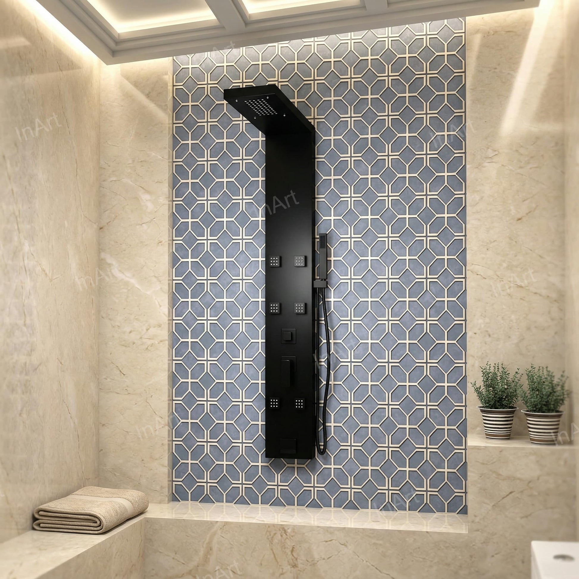 InArt matte black shower column close-up of hot and cold mixer knob and diverter controls