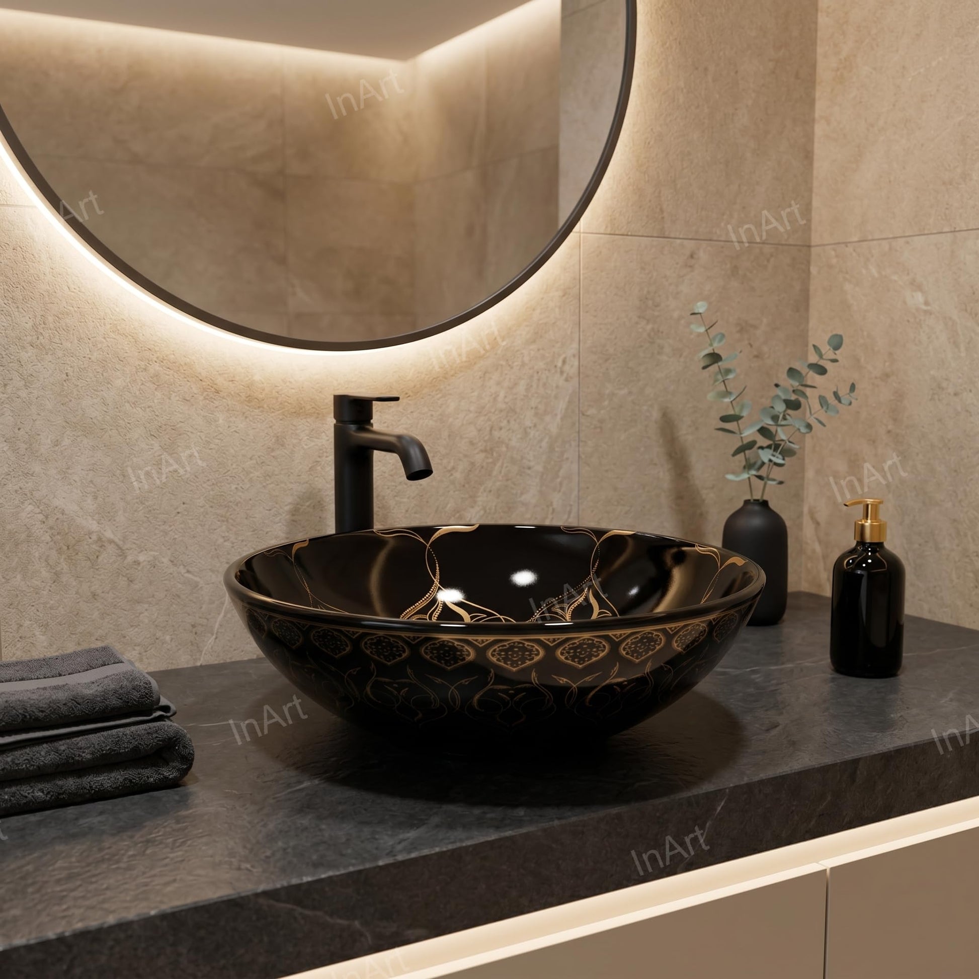 Modern bathroom wash basin design, round table top wash basin black and gold, top angle view