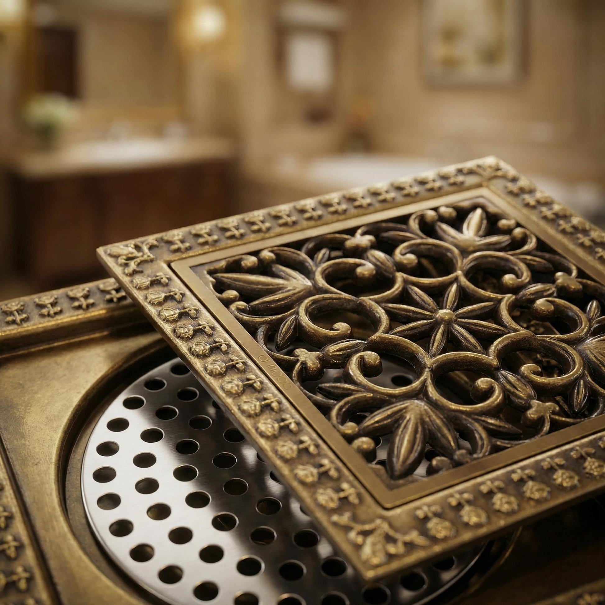Antique brass floor drain jali for washroom, anti-odour cockroach trap insert shown for easy cleaning