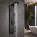 Detail of body massage spray jets on matt black shower panel for modern Indian bathroom